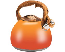 Theeketel Kookplaat, 3,2 Qt roestvrijstalen theepotten met houtnerf handvat, food grade fluitende theeketel, inductie/gasfornuizen (oranje-rood verloop)