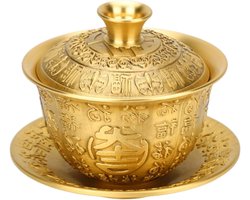 Theekop en Schotel met Deksel, Messing Theekom, Grote Gaiwan, Chinees Theeservies, Theemok - 300 Ml - Traditioneel Theezetsysteem voor Thuiskantoor Keuken