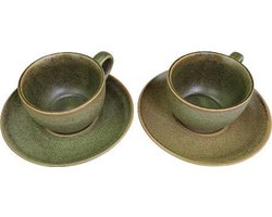 Theekopje met bij behorende Schaaltje FAMKE - Vintage Groen - Aardewerk - Thee Kopje ⌀ 8,5 cm - Schaaltje ⌀ 15 cm - Set van 2 - kop met schotel - koffiebeker