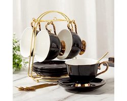 Theekopjes en schotels set van 4 (220ml/8,2 oz), luxe theekop set met gouden rand, zwarte koffiekopjes met metalen standaard, Britse porseleinen theekransset - zwart