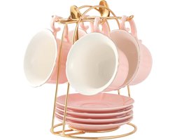 Theekopjes en schotels set van 4 (235 ml) snoepkleur met gouden rand, koffiekopjes met bloemblaadjesrand en metalen standaard, eenvoudige stijl porseleinen theekransjeset - roze
