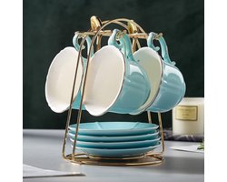 Theekopjes en schoteltjes set van 4 (235 ml), snoepkleur met gouden trim, bloemblaadjesrand koffiekopjes met metalen standaard, eenvoudige stijl porseleinen thee-partyset - groen