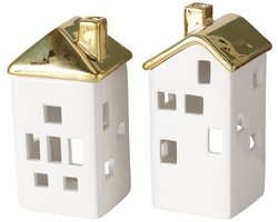Theelichthouder huisje wit met goud - 2 stuks - H 15,5 cm - Boltze home