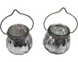 Theelichthouder INEZ - Zilver - Glas / Metaal - Ø 5 x h 6,5 cm - Set van 2 - Waxinelichthouder – Waxinelicht – Gezellig – Sfeer – Kerst – Feestdagen – Licht – Wintertijd – Herfst – Thuis – Woonkamer – Interieur – Decoratie – Cadeau