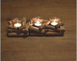 Theelichthouder set glas hout en rustiek vintage look - Waxinelichthouder - Houten theelicht houder glas -Woodz Candoo Theelicht - 3 pcs