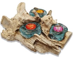 Theelichthouder van Gesmolten Glas op Natuurlijke Wortelhout Basis | Kandelaar voor 1 tot 3 Waxinelichtjes