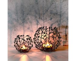 Theelichthouder zwart metaal set van 2 - 9,5 en 14 cm hoog - ideale tafeldecoratie woonkamer - vensterbank - decoratie woning modern - kaarsen decoratieset