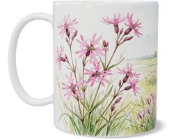 Theemok Echte koekoeksbloem Silene flos-cuculi in vochtig weidelandschap - Botanische koffiemok roze bloemen - Aquarel Series - Cadeau voor haar: Vrouw, Vriendin of Collega - Drinkbeker natuur voor thuis of op het werk kantoor
