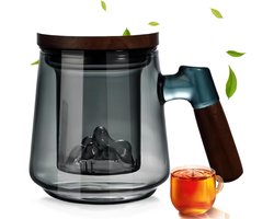 Theemok met Deksel en Zeef, Theeglas met Zeef, Theepot Glas, 500ml Theeglas voor Losse Thee, Bloesem Theepot met Zeef, Grote Mok voor Theeliefhebbers, Theekop met Houten Handvat
