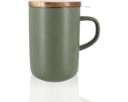 Theemok met Houten Deksel en RVS Filter - 475 ml Steengoed voor Thee en Kruideninfusies
