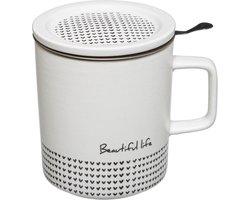 Theemok met zeef en deksel "BEAUTIFUL LIFE" - mokken porselein - zwart en wit - houdt lang warm - 350 ml groot - vaatwasmachinebestendig