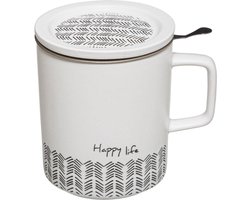 Theemok met zeef en deksel ""HAPPY LIFE"" - mokken porselein - zwart en wit - houdt lang warm - 350 ml groot - vaatwasmachinebestendig