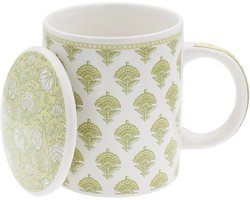 Theemok met zeef en deksel "Soliman" - mokken porselein - groen en wit - houdt lang warm - 350 ml groot - vaatwasmachinebestendig - Design 1