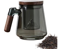 Theemok Met Zeef - Glazen Mok Infuser - Thee Zetten - Houten Handvat - 500 ml - Zwart