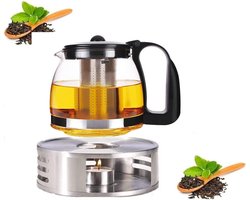 theepot cadeauset van de allerfijnste bestaande uit glazen theepot 1250 ml met theezeef en stoof van roestvrij staal