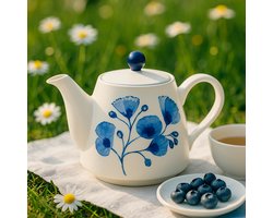 Theepot crème wit blauw bloemen 1000 ml - Handgemaakt en handgeschilderd