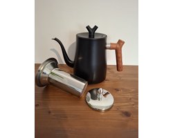 Theepot-dubbelwandig-Hout-RVS-met rvs Filter-Zwart -Lange tuit-Theekan-1.5 Ltr