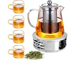 Theepot en stoofje set voor losse thee, glazen theepot met zeef en theewarmer, 1300 ml thee maker met glazen set.