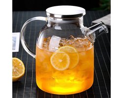Theepot glas 1,5 liter glazen karaf met deksel voedselveilig roestvrij staal 304 - filter in de uitloop - karaf voor warme en koude dranken - vaatwasmachinebestendig