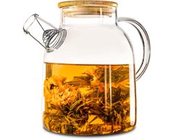 Theepot glas 1,5 liter met deksel gemaakt van bamboe - Filter in de tuit - Voor warme en koude dranken - Vaatwasmachinebestendig