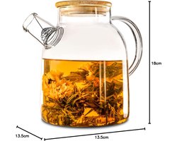 Theepot glas 1,5 liter met deksel gemaakt van bamboe - Filter in de tuit - Voor warme en koude dranken - Vaatwasmachinebestendig