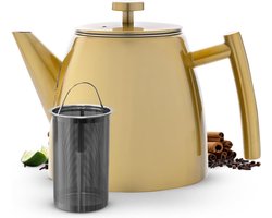 Theepot | Goud | Roestvrij Staal 1L | Theepot met Zeef | Theepot Roestvrij Staal | Stoof voor Theepot | Theepot met Stoofje | Theemaker | Dubbelwandig