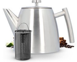 Theepot | Grijs | Roestvrij Staal 1L | Theepot met Zeef | Theepot Roestvrij Staal | Stoof voor Theepot | Theepot met Stoofje | Theemaker | Dubbelwandig