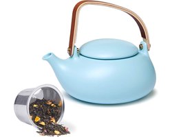Theepot keramiek met zeefinzet, houten handvat Matt Porzella Japanse theeservies, 800 ml, kleine blauwe kan geschenken voor losse thee