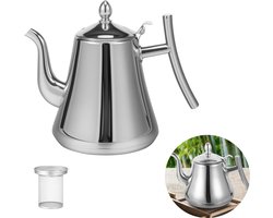 Theepot - Koffiepot - Olieblik - Roestvrijstalen theepot - Met theezeefje - RVS - 1.5L - Geschikt voor het trekken van theebladeren - 19.5 × 17.2 cm - Geschikt voor thee, koffie, olijfolie, enz - Zilver