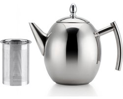 Theepot met filter - 1.5L - Voor Losse Thee / Theebloemen - Roestvrijstalen Thermoskan - RVS - Theekan - theemaker losse thee - theebereider - Geborsteld Zilver - Precieze Schenktuit