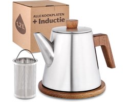 Theepot met Filter en Onderzetter 1,2 liter - Waterkoker voor Inductie en alle Soorten Fornuizen - Roestvrij staal en FSC-gecertificeerd hout