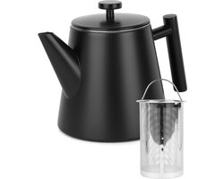 Theepot met Filter - Theekan Dubbelwandig - Roestvrijstalen Thermoskan - Isoleerkan 1 L - RVS - Zwart