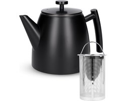 Theepot met Filter - Theekan Dubbelwandig - Roestvrijstalen Thermoskan - Isoleerkan 1 L - RVS - Zwart