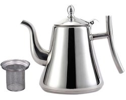 Theepot met filter - Theepot van roestvrij staal - 1,5 l - Theepot met grote inhoud - Theepot voor inductiekookplaten - heemaker losse thee - Geschikt voor losse thee en bloementhee - Zilver