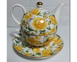 Theepot met Mok - Eenpersoons theeset - Thee Zetten - Gedecoreerd Steengoed - 350ML - Geel
