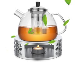 Theepot met Stoofpot - 1500 ml - Glazen Theepot met Zeef - Roestvrijstalen Stoofpot - Theepot met Theelicht Warmer - Theemaker voor Losse Thee - Theepot met Theemaker en Zeef