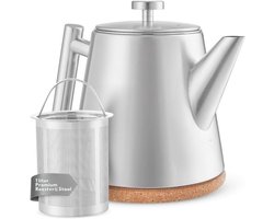 Theepot met Warmhouder - Theepot met Zeefje - Geborsteld Roestvrij Staal - Warmhoudfunctie - Incl. Kurken Onderzetter - Hoogwaardige Theepot met Dubbele Wand - Ideaal voor Losse Thee - Gember- En Kruidenthee - 1 Liter