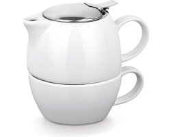 Theepot met zeef en kopje - wit - keramiek - 430 ml - 13 x 13 cm - Theeset - Theepotje met infuser - Tea for one set