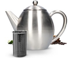 Theepot | roestvrij staal | mat roestvrij staal | dubbelwandig | 1,2 L | druppelt niet | houdt de thee lang warm | inclusief filter | mooi en functioneel design | roestvrij staal