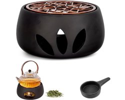 Theepot warmhouder-Porseleinen theeservies met theelamphouder en onderzetter - hol gesneden ontwerp - koffiewarmer, theepotverwarmer - zwart