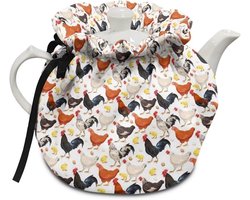 Theepothoes Stof - Kettle Cover - Thee Warm Houden - Dubbelzijdig Bedruk - 15.5x17.5 cm - Kippen Print