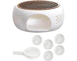 Theepotwarmer met Kurk en Metalen Onderlegger - Keramische Theelichthouder - Warmhoudend Opengewerkt Gesneden Ontwerp - Koffie, Melk, Thee - 14,5 cm - Wit
