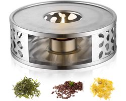 Theepotwarmer - Roestvrij staal - Theelichthouder - Theepothouder - Theepot- en koffiewarmer - Hol ontwerp - Zilver - Met kaarsenhouder