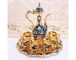 Theeservice voor thuis - vintage theeset met koffiekopjes en theepot uit Turkije. Oosters metalen theeglazen set met samovar. Luxe Marokkaanse mokkatassen voor koffie en thee feestjes.