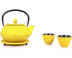 Theeservies gietijzeren theepot 0,8 l afneembare zeef onderzetter 2 theekopjes vintage design losse thee geel