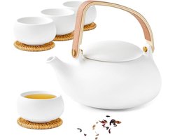 Theeservies porselein met zeef, 800 ml houten handvat mat Japanse theepot keramiek wit met 4 kopjes en rotan onderzetter voor losse thee cadeau