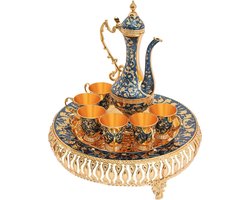 Theeservies - Serviceset - Serviesset - 6 Kopjes - 1 Pot - Turkse Theepot - Inclusief Dienblad - Blauw - Oranje