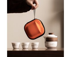Theeservies - theeset keramiek - Theepot met 3 kopjes - Verre bergpatroon - oranje kleur