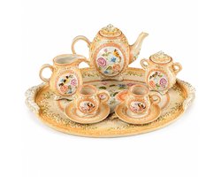 theeservies van porselein roze oranje met dienblad 15 x 10,5 cm - theepot, melkkan, suikerpot, 2 kopjes met schotels, decoratieve vintage decoratie