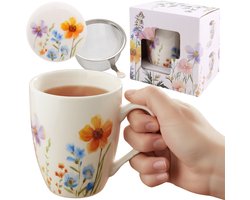 Theeset: porseleinen beker MOK 340 ml met infuser en deksel VOOR KRUIDEN, verpakt als CADEAU